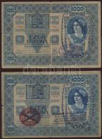 1902. 1000K 2klf ellenbélyegzővel: piros "Magyarország" körbélyegző Andráskeresztes fny-sal, "Stempel werde von..." téglalap bélyegzővel + "Kunágotai - 1919 - Hitelintézet" lila oválbélyegzővel T:IV