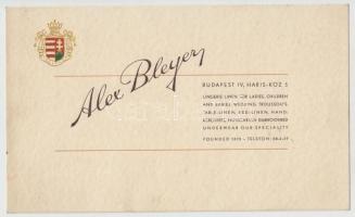 cca 1920-1930 Alex Bleyer fehérneműüzletének reklámkártyája, címerrel