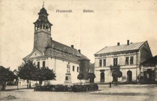 Przeworsk, Ratusz / town hall, church, monument + K.u.K. Rayonskommando No.10. stamp on the backside (EK)