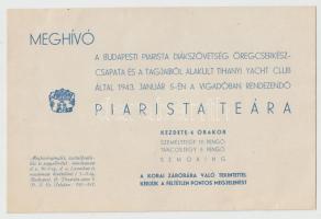 1943 Meghívó a Budapesti Piarista Diákszövetség Öregcserkészcsapata és tagjaiból alakult Tihanyi Yacht Club által rendezett piarista teára, borítékkal
