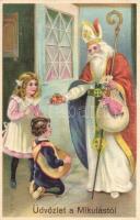 Üdvözlet a Mikulástól / Saint Nicholas, children, greeting card, litho