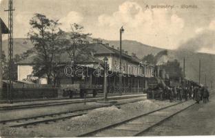 Petrozsény, Petrosani; vasútállomás gőzmozdonnyal, Adler fényirda / railway station with locomotive (vágott / cut)