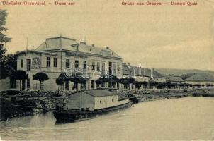 Orsova, Dunasor, Hotel Ozanic szálloda, uszály, W. L. 158. / bank of the River Danube, hotel, barge (EK)