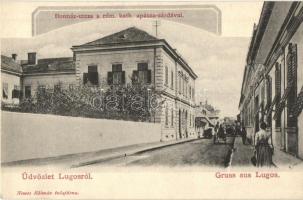 Lugos, Lugoj; Bonnáz utca, Római katolikus apácazárda, Nemes Kálmán tulajdona / street, nunnery (vágott / cut)