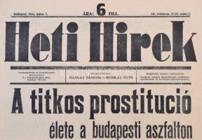 1934 A Heti Hírek VII. évfolyamának 27-28. száma, címlapon a titkos prostitúcióról szóló cikkel, 4p