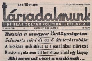 1934 A Társadalmunk című újság IV. évfolyamának 20. száma, címlapon a Nyilaskeresztes bélyegző haszn...