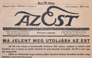 1939 Az Est című politikai napilap XXX. évfolyamának 262. száma, búcsúszám