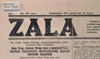 1947 Nagykanizsa, A Zala című újság 52. évfolyamának 19. és 163. száma, egyikben Kanizsa törvényható...
