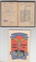1957, 1959 Szakszervezeti tagsági könyv, sok tagdíjbélyeggel + a Kereskedelmi Dolgozók Első Nemzetközi Szakszervezeti Konferenciájának propaganda képeslapja