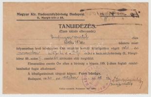 1920 a Magyar Királyi Hadosztálybíróság tanúidézése bűnügy kapcsán