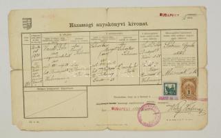 1918 2 db anyakönyvi kivonat (halotti és házassági), okmánybélyeggel