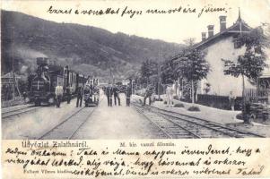 Zalatna, Zlatna; Vasútállomás, vonat, hajtány, kiadja Folbert Vilmos / railway station, handcar (vágott / cut)