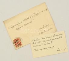 1904 Simonffy Imre, Debrecen polgármesterének aláírt és elküldött névjegykártyája köszönő sorokkal, melyben kitüntetéshez gratulál