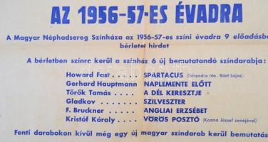 1956 A Magyar Néphadsereg Színházának bérleti hirdetménye az 1956-1957-es évadra, nagyméretű plakát,...