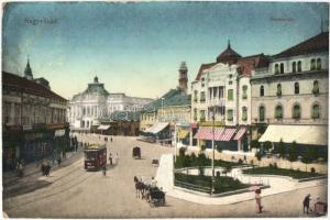 Nagyvárad, Oradea; Bémer tér, Neumann M. üzlete, villamos / square, shops, tram
