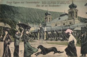 Trencsénteplic, Trencianske Teplice; Hier ist ein Hundewetter!, Gyógyterem, Wertheim Zsigmond kiadása, esőben montázs / spa, rainy montage (Rb)