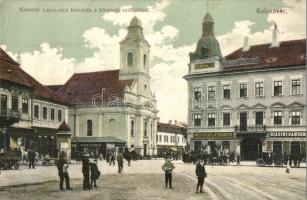 Kolozsvár, Cluj; Kossuth Lajos utca, központi szálloda, gyógyszertár, Pap Ernő, Medgyesi és Nyegrutz, Biásini Sándor üzletei, kiadja Schuster Emil / street, pharmacy, shops (EK)