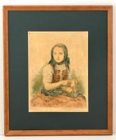 Glatz Oszkár (1862-1958)-Prihoda István (1891-1956): Almát hámozó lány. Színezett rézkarc, papír, jelzett, restaurált, foltos, keretben, 37×27 cm