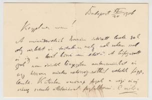 1906 Báró Bánffy Dezső (1843-1911) a képviselőház elnöke, miniszterelnök saját kézzel írt sorai kártyán