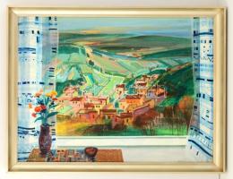 Keleti Jenő (1920-1998): Ablak tájjal. Olaj, farost, jelzett, keretben, 60×80 cm