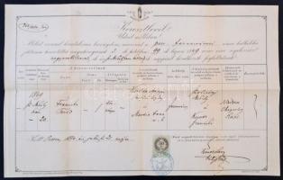 1870 Pest, A ferencvárosi plébánia által kiállított keresztelési anyakönyvi kivonat 50 kr okmánybélyeggel