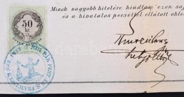 1870 Pest, A ferencvárosi plébánia által kiállított keresztelési anyakönyvi kivonat 50 kr okmánybély...