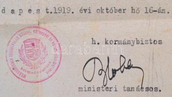 1919 Bp., Irodasegédtisztnek szóló szolgálattételre való felszólítólevél