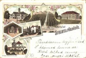 1898 Stubnyafürdő, Stubnianske Teplice; Kápolna, Új Fürdőház, Kertész lak, Zöld tükör / chapel, spa, Schneider & Lux No. 1068. floral litho