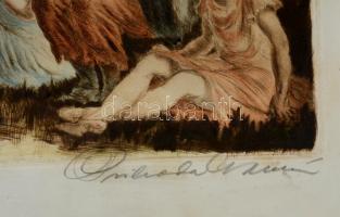 Prihoda István (1891-1965): Táncolók. Színezett rézkarc, papír, jelzett, 25×32 cm