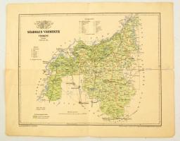 cca 1910 Szabolcs vármegye térképe, 1:540.000, tervezte Gönczy Pál, Posner Lajos és Fia, a hajtások mentén szakadásokkal, 25x31 cm.