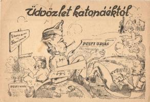 Üdvözlet katonáéktól, Pesti Újság, 1. honvéd gyalogezred, II. világháborús katonai grafikai lap / WWII Hungarian military graphic postcard (kis szakadások / small tears)