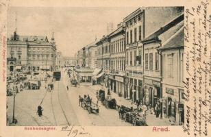 Arad, Szabadság tér, Rosenberg József és Fleischmann üzlete, Aradi Kereskedők Köre, piac, lóvasút / square, shops, omnibus
