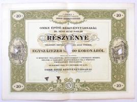 Budapest 1923. OMKE Építő Részvénytársaság húsz részvénye összesen 100.000K-ról, teljes szelvényívvel T:IV