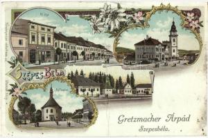 Szepesbéla, Spisska Bela; Fő utca, Borovicska raktára, Sörház tér, Gretzmacher Árpád üzlete és kiadása, hátoldalon reklám / main street, shops, Bierschank brewery, advertisement on the backside, Art Nouveau litho (non PC) (r)