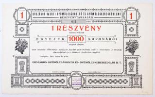 Budapest 1922. "Országos Vasuti Gyümölcsárusitó és Gyümölcskereskedelmi Részvénytársaság" részvénye 1000K-ról, bélyegzéssel és teljes szelvényívvel T:II