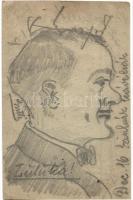 1917 I. világháborús tábori posta levelezőlap, kézzel készült rajz csokornyakkendős férfiról feliratokkal / WWI hand-drawn man in a bow tie with texts, military field post (fa)