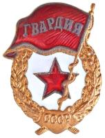 Szovjetunió ~1960-1970. Szovjet Gárda jelvény aranyozott, zománcozott fém jelvény csavaros hátlappal (48x36mm) T:2 Soviet Union ~1960-1970. Badge of the Soviet Guards gilt, enamelled metal badge with screw back (48x36mm) C:XF