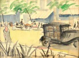 Bálint Rezső (1885-1945): Utca részlet. Akvarell-szén, papír, jelzett, üvegezett keretben, 22×30 cm