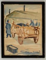 Vaszary jelzéssel: Szekeres kocsi katonákkal. Akvarell, papír, üvegezett keretben, 33×24 cm