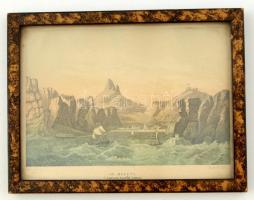 cca 1880 Szt. Ilona szigete, színezett metszet, üvegezett fa keretben, 12×16 cm