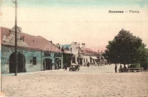 Homonna, Humenné; Fő utca, sörcsarnok, Hossza Gyula dohányárudája / main street, beer hall, tobacco shop (EK)