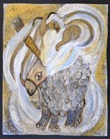 Lehoczky József (1957-): Arab harcos harci orrszarvúval, olaj, karton, 36×29 cm