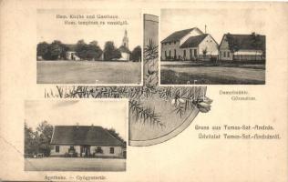 Temesszentandrás, Sanandrei; Római templom és vendéglő, Gőzmalom, Gyógyszertár, Dajkovits J. utóda / Rom. Kirche, gasthaus, Dampfmühle, Apotheke / church and guest house, steam mill, pharmacy, Art Nouveau (EB)