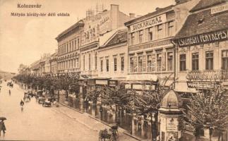 Kolozsvár, Cluj; Mátyás király tér déli oldala, Csízhegyi fényképész műterme, Dick áruház, Iparbank Részvénytársaság, Kolozsvári Iparos Egylet, M. Kir. Állami Vasutak poggyász szállítója, Stief J. és társa papíros áruháza és saját kiadása / square, shops (EK)