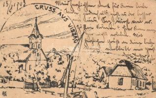 Krassóviszák, Viszág, Visag; saját kézzel rajzolt művészlap / hand-drawn art postcard, 5 Fillér Ga. (apró tűnyom / pinhole)