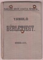 1916-1917 Tanuló bérletjegy, Budapesti Közúti Vaspálya Társaság, egy bélyeggel, fotóval, kissé viseltes vászon kötésben.