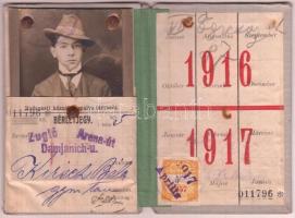 1916-1917 Tanuló bérletjegy, Budapesti Közúti Vaspálya Társaság, egy bélyeggel, fotóval, kissé visel...