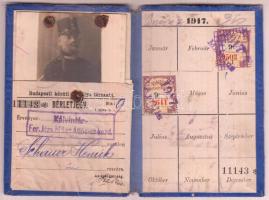 1917 Havi bérletjegy, Budapesti Közúti Vaspálya Társaság, két bélyeggel, fotóval, kissé viseltes vás...
