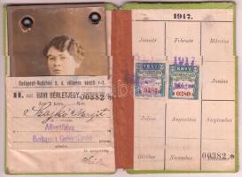 1917 Havi bérletjegy, Budapest-Budafoki h. é. vasúti r.t., két bélyeggel, fotóval, kissé viseltes vá...