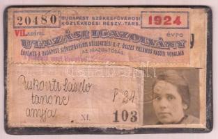 1924 Utazási igazolvány Budapest Székesfővárosi Közlekedési Rt. összes vasúti vonalaira, fotóval, 8 bélyeggel.